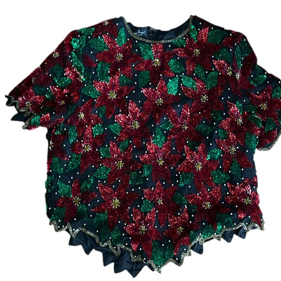 VTG Laurence Kazar 2X Silk Beaded Sequin Poinsettia Christmas Top Blouse - Picture 6 of 7